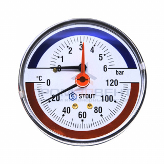Термоманометр аксиальный STOUT - 1/2" (D80 мм, шкала 0-120°C/0-4 бар, с запорным клапаном)